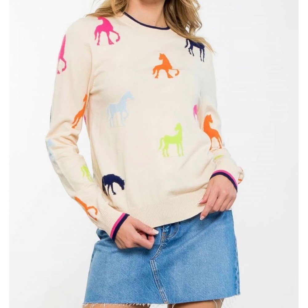 Women's Horse Print Sweater‎ Multicolor Knit Crewneck Beige Pullover Size M